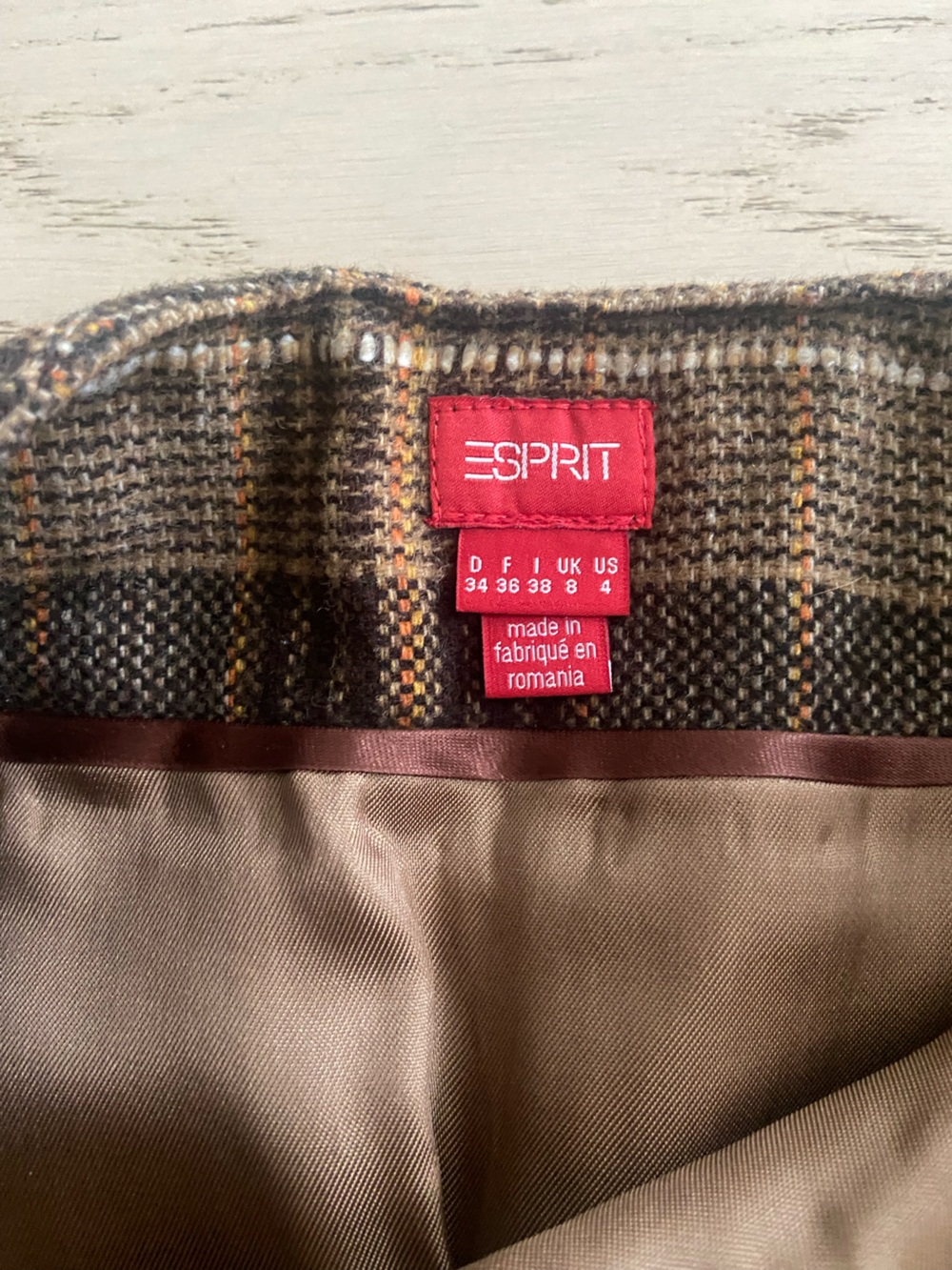 ESPRIT Plaid Pleated Mini Skirt 4 Brown Wool Blend Fall Y2K Preppy Academia EuC - Picture 4 of 8